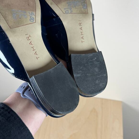 TAHARI Frenchie Vegan Blue Suede Patent Leather Slip on Mule Loafers Academia 9 - Picture 9 of 10